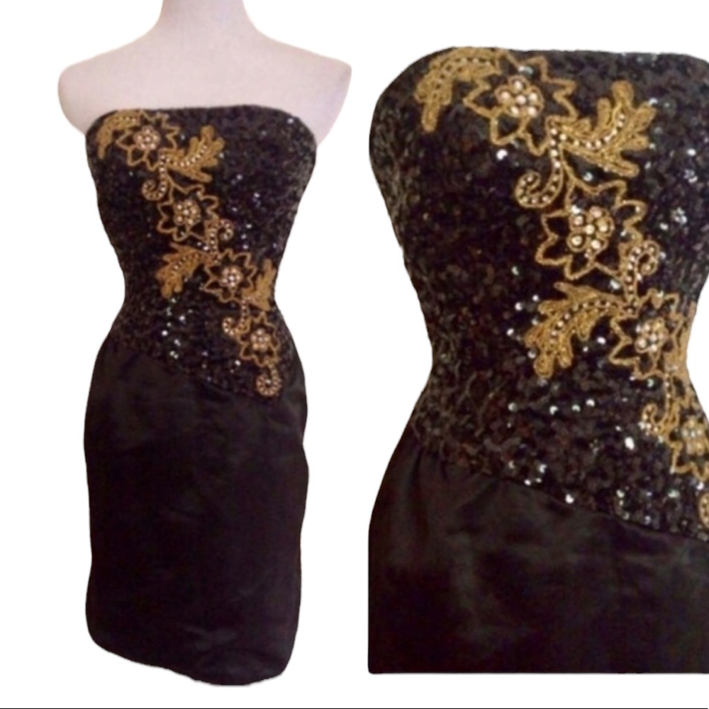Vintage 1980’s Gold & Black Sequin Cocktail Wiggle Dress, Pencil Dress, 4/Small